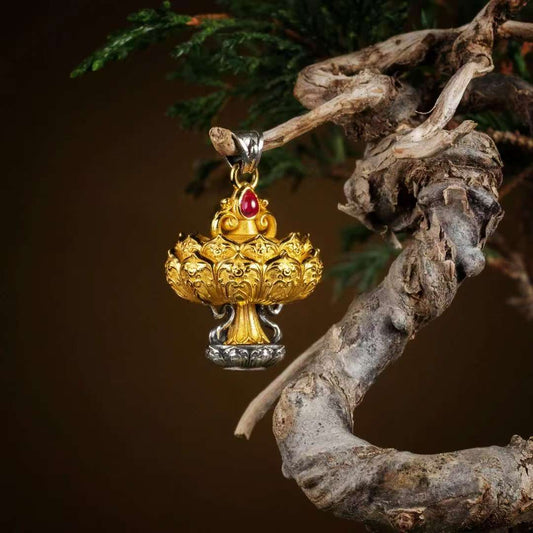 Tibetan Buddhist Eight Auspicious Symbols silver pendant, handmade jewelry art symbolizing harmony, fortune, and spiritual balance.