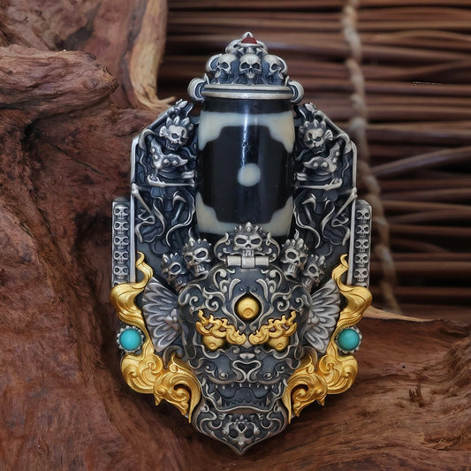 Hand-painted silver Mahakala Green Tara locket pendant from Tibetan Buddhist jewelry culture, spiritual jewelry art for daily wear.