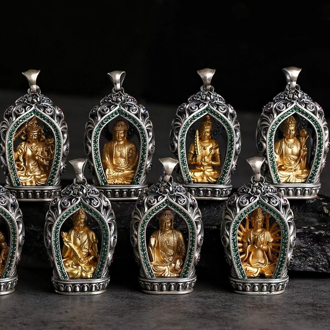 Hand-painted silver zodiac guardian pendant inspired by Tibetan Buddhist jewelry culture, sacred jewelry art for protection.