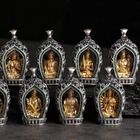 Hand-painted silver zodiac guardian pendant inspired by Tibetan Buddhist jewelry culture, sacred jewelry art for protection.