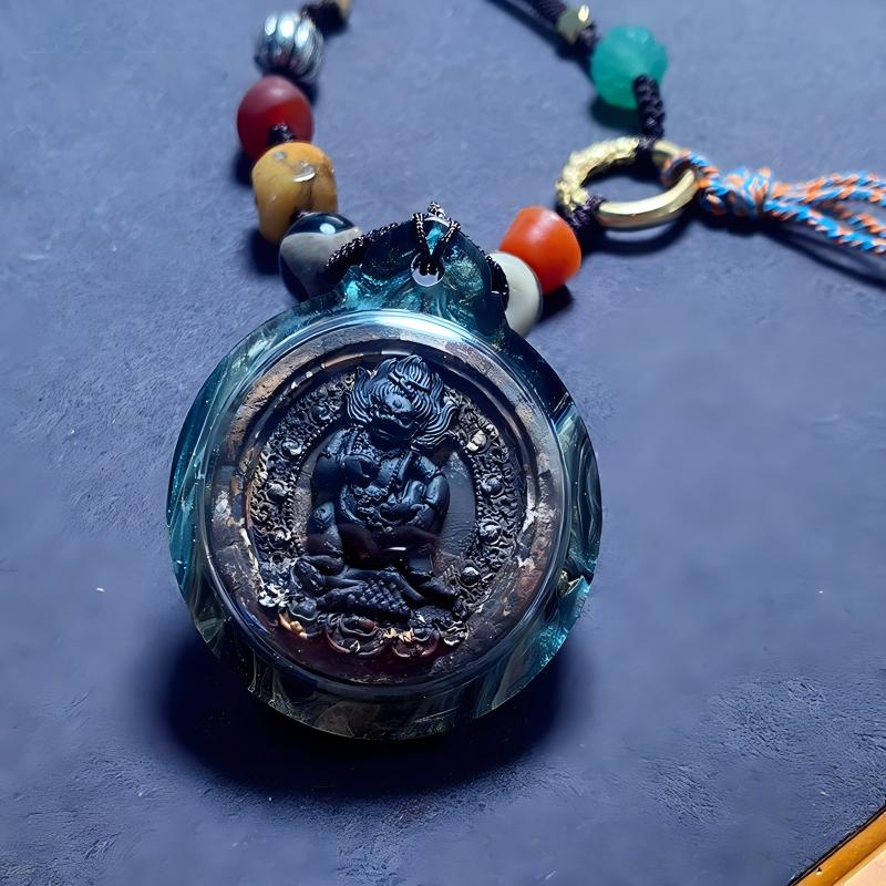Tibetan Buddhist Jewelry Culture Black Jambhala small thangka Gawu pendant, Tibetan Buddhist jewelry art handcrafted amulet necklace