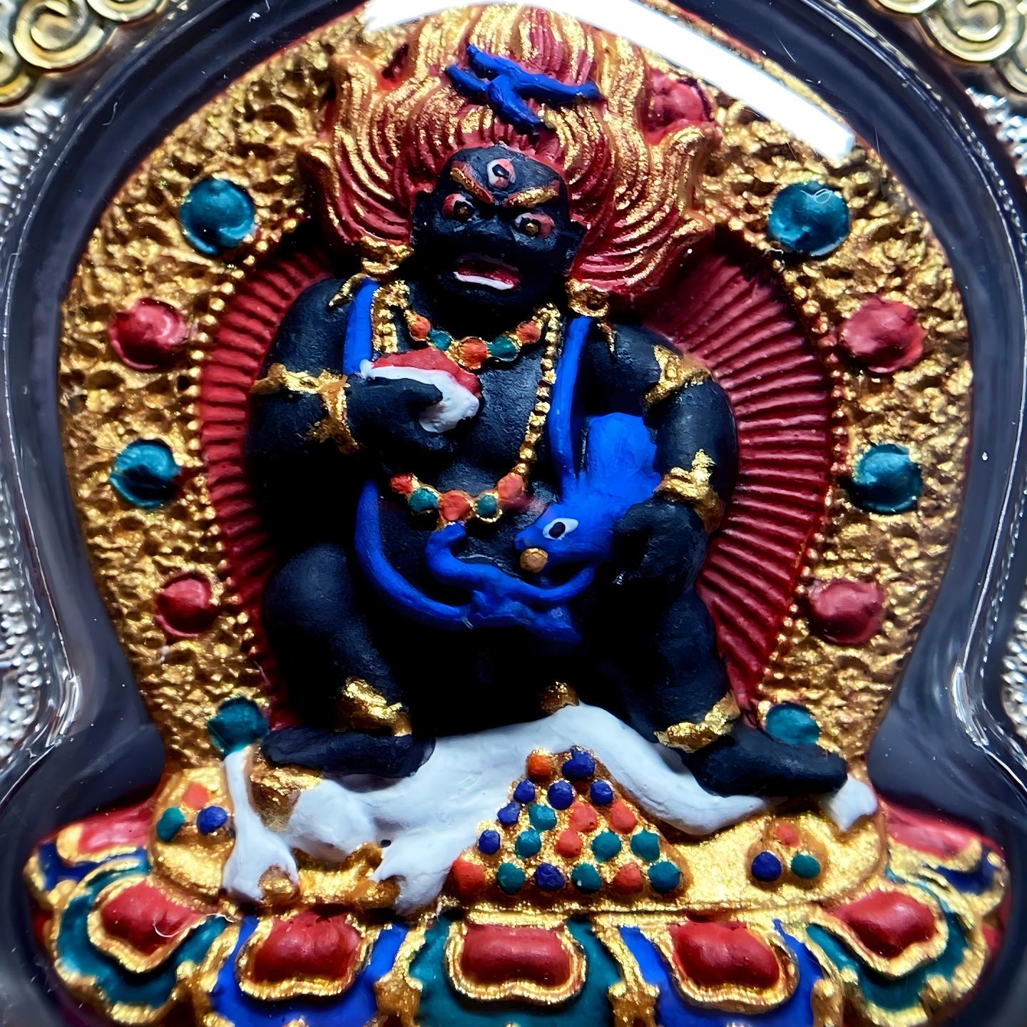 Tibetan Buddhist Jewelry Culture Black Jambhala Thangka silver Gawu pendant, handpainted with mineral pigments, Tibetan Buddhist jewelry art necklace for prosperity