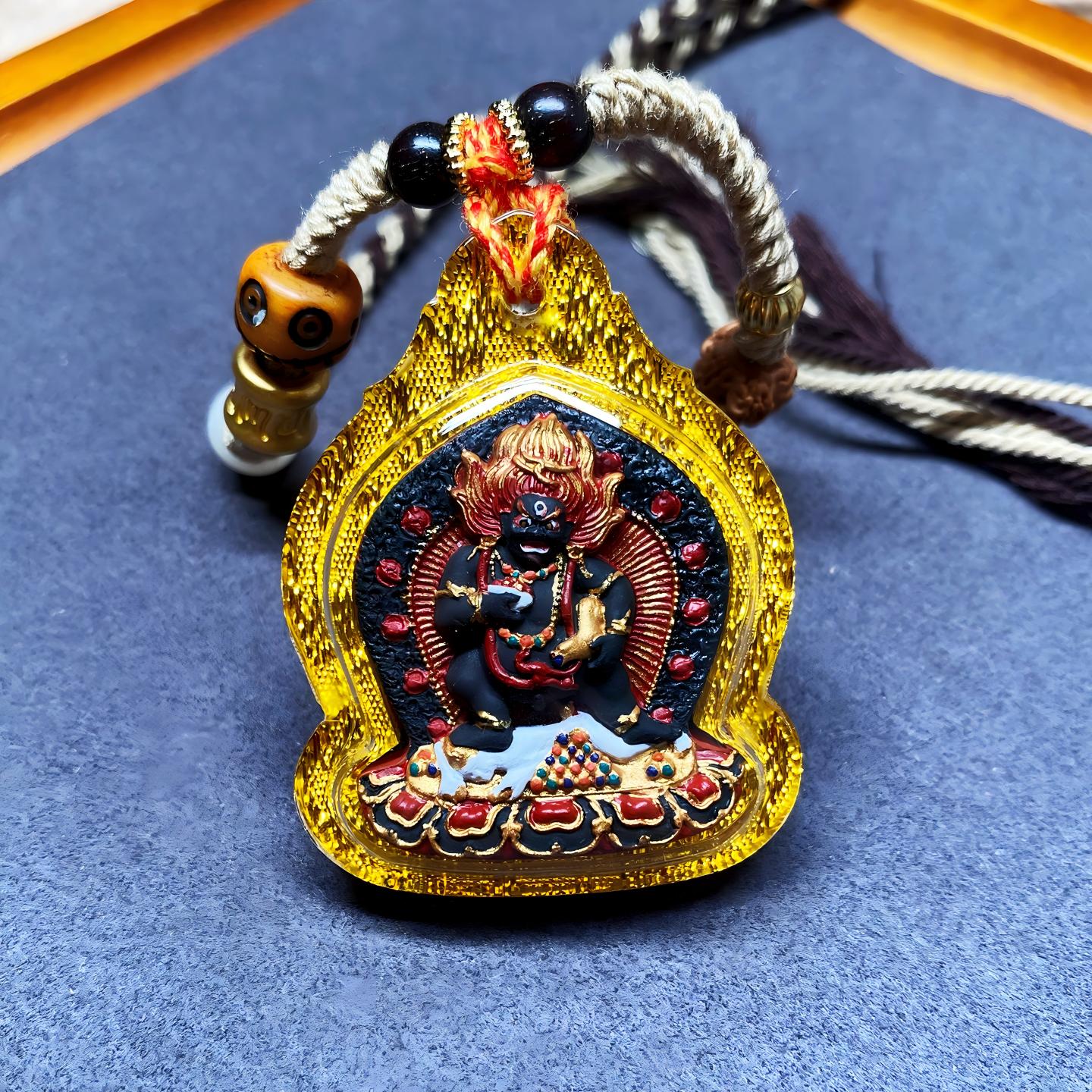 Tibetan Buddhist Jewelry Culture Black Jambhala Thangka pendant, handpainted with mineral pigments, Tibetan Buddhist jewelry art necklace for prosperity