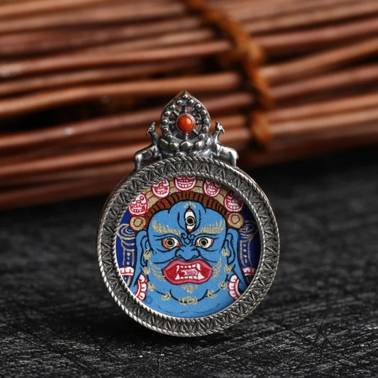 Hand-painted mini Tibetan Thangka pendant inspired by Tibetan Buddhist jewelry culture, sacred jewelry art for protection and blessings.
