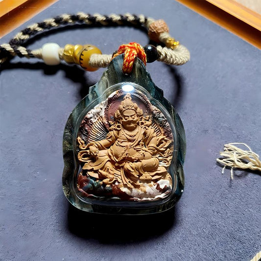 Tibetan Buddhist Jewelry Culture handmade Yellow Jambhala Gawu box pendant necklace with multicolor Tsa Tsa, Tibetan Buddhist jewelry art for blessing and prosperity