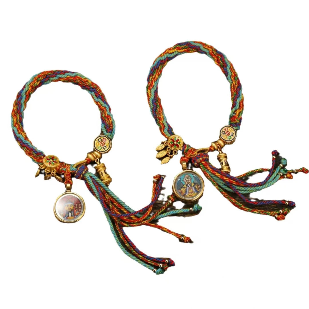 Handmade Wutai Mountain Wu Ye thangka bracelet with six-word mantra, Tibetan Buddhist rope jewelry