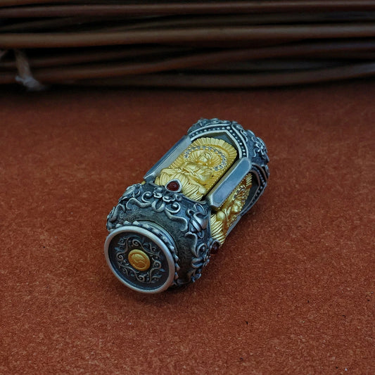 Hand-painted Zaki Lhamo Thangka pendant inspired by Tibetan Buddhist jewelry culture, symbolic jewelry art for protection and blessing.