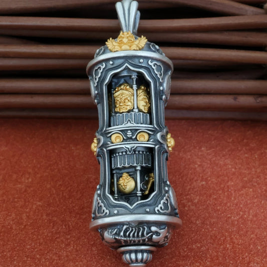 Vintage silver Five Wealth Gods necklace from Tibetan Buddhist jewelry culture, detailed jewelry art for prosperity and protection.