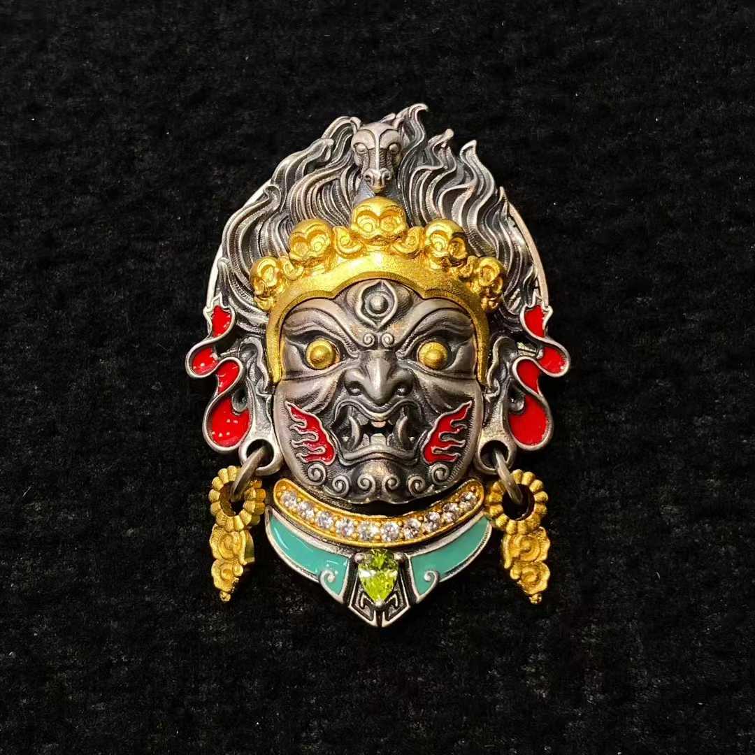 Handcrafted S925 silver horse head Mahakala pendant reflecting Tibetan Buddhist Jewelry Culture and intricate jewelry art design.