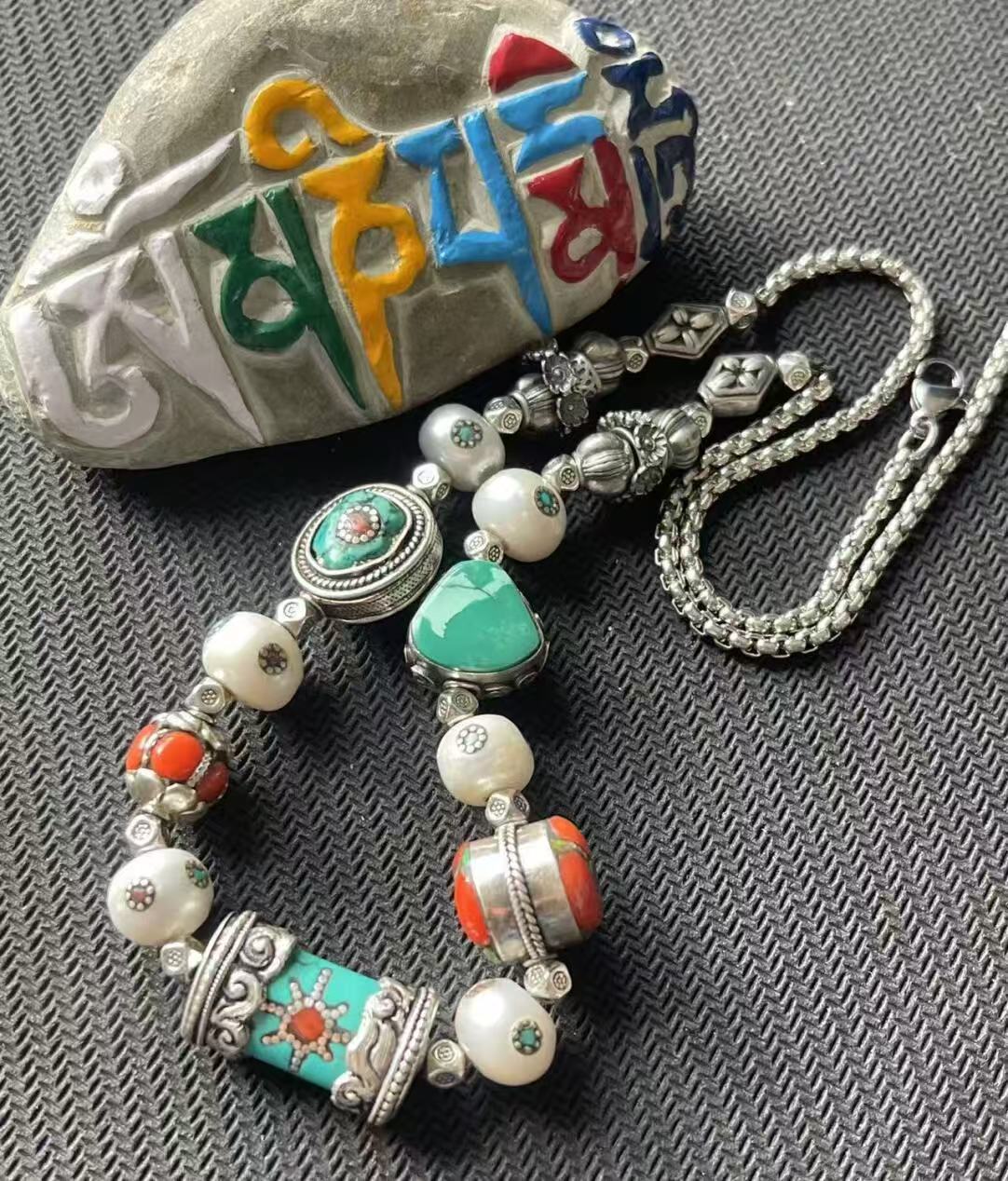 Elegant multi-treasure symmetric bracelet, blending Tibetan Buddhist cultural symbolism with refined craftsmanship, ideal for those who value beauty and inner peace.