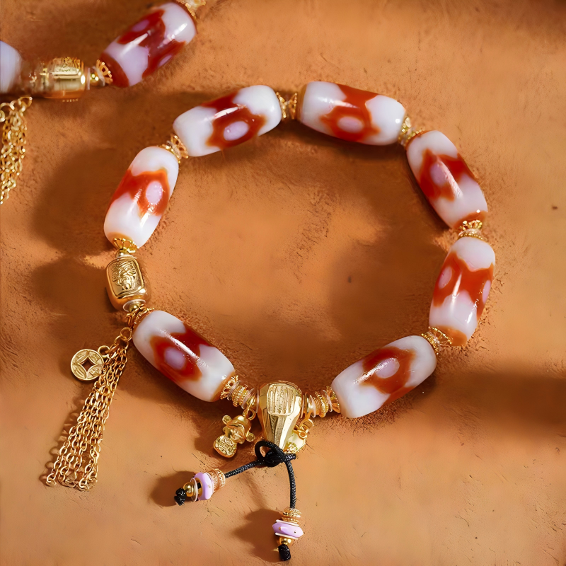Ethnic style Tibetan Buddhist Dzi bead bracelet, multi-purpose, handcrafted for spiritual balance, protection, and traditional jewelry art.