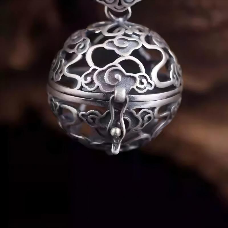 Openable silver hollow gau box incense ball pendant, Tibetan Buddhist Jewelry Culture jewelry art, vintage spiritual necklace for women