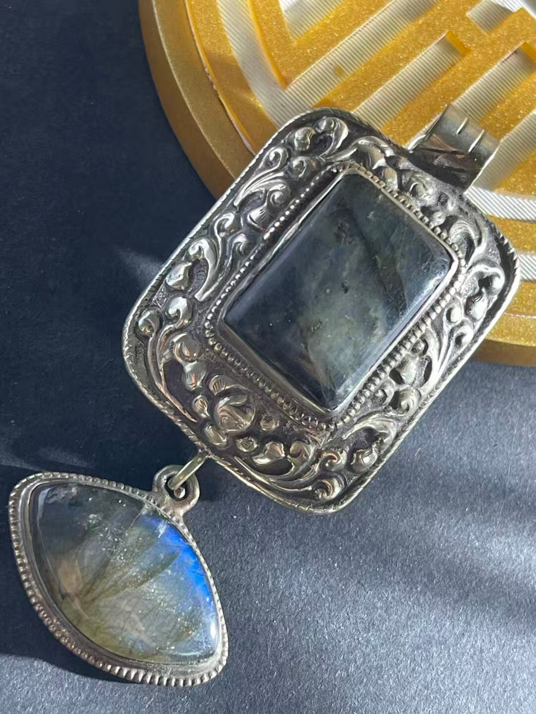 Long handcrafted Labradorite pendant from Tibetan Buddhist tradition. A symbol of spiritual growth, protection, and inner peace, perfect for daily wear.