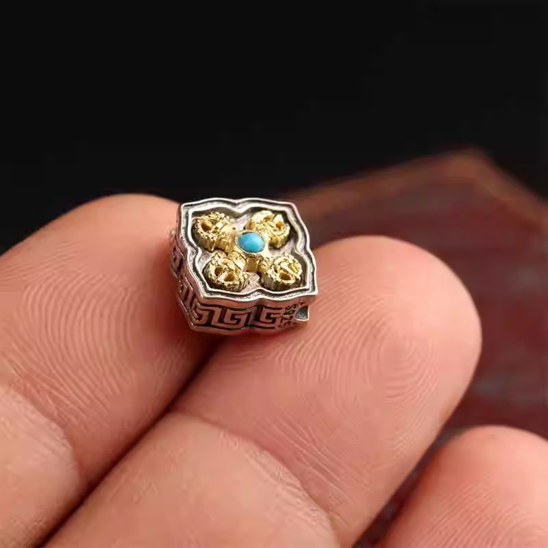 Pure handcrafted Tibetan Buddhist silver and copper Amoghasiddhi side pendant, Jewelry art accessory for DIY Vajra Xingyue prayer beads