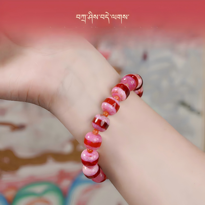 “Red Agate Dzi Beads Wealth Bracelet, handmade Tibetan spiritual jewelry, enhances luck, prosperity, and energy for men and women.”