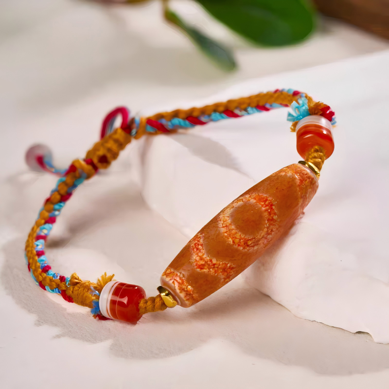 Tibetan Red Dragon Scale Dzi Beads Wrist Mala, handmade unisex bracelet, spiritual accessory for fortune and positive energy.”