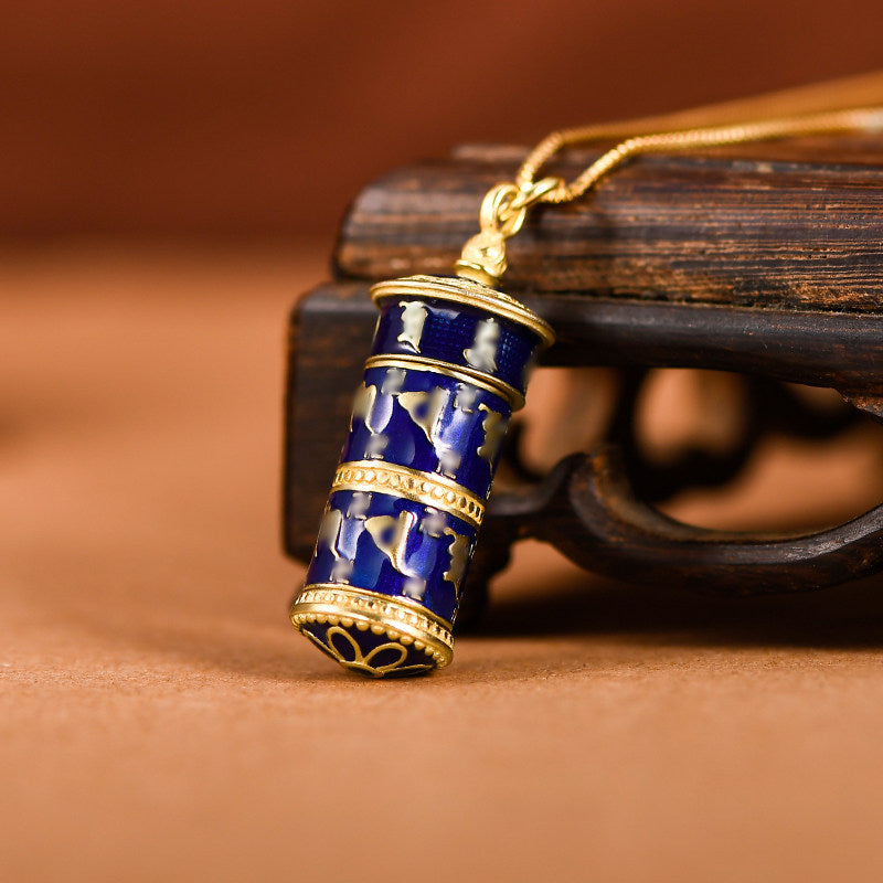 Tibetan Buddhist Jewelry Culture vintage S925 silver rotating gold cylinder pendant necklace, handmade Tibetan Buddhist Jewelry art perfume bottle amulet for women