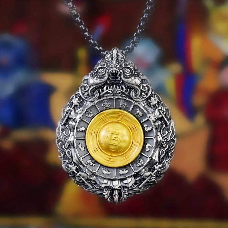Silver Bagua necklace crafted in Tibetan Buddhist jewelry culture, symbol of harmony and luck.