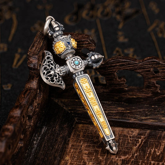 Tibetan Buddhist silver Mahakala axe pendant with rotating design, handmade jewelry art for spiritual protection and confidence.