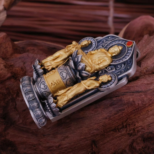 Tibetan Buddhist jewelry culture silver Western Trinity pendant with carved Mani mantra, meaningful jewelry art for daily wear.