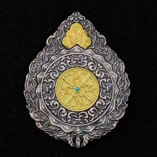 "S925 Nine Palace Bagua talisman pendant with detailed handcrafted inlay, rooted in Tibetan Buddhist jewelry culture and traditional jewelry art."
