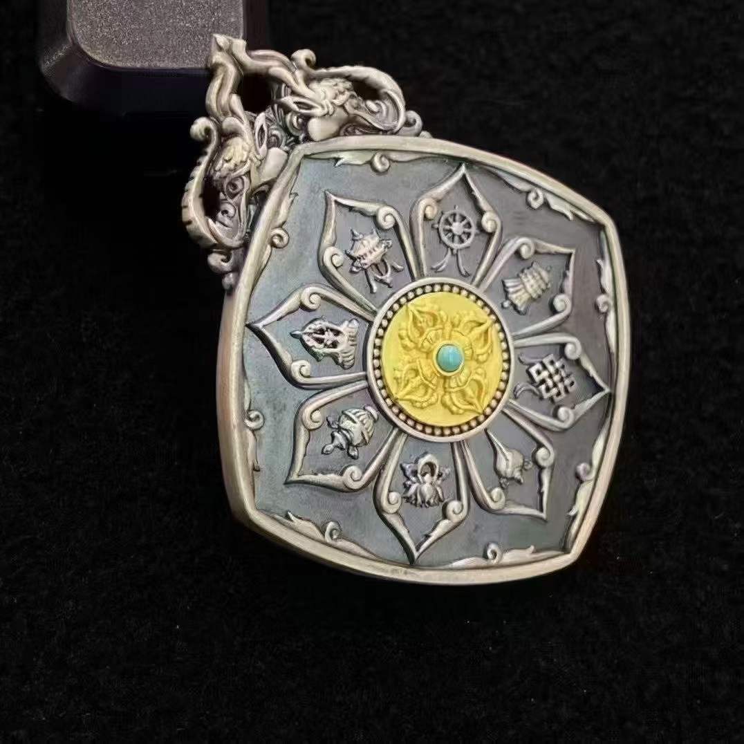 Tibetan Buddhist Jewelry Culture S925 silver Bagua talisman pendant with Jewelry art close-up texture, representing wisdom and spiritual guidance.