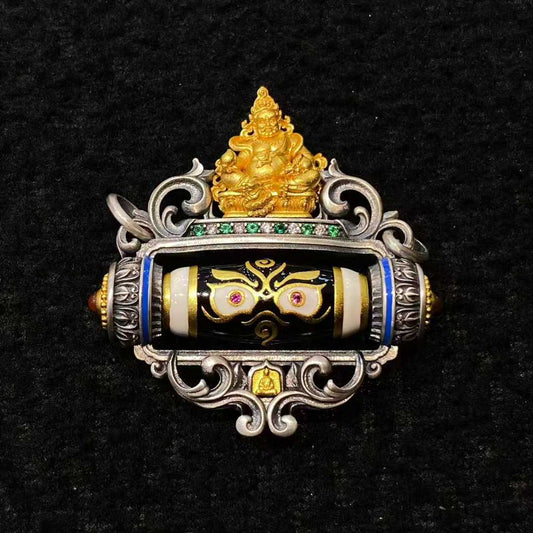 S925 Yellow Jambhala pendant in Tibetan Buddhist Jewelry Culture, showcasing fine inlay craftsmanship and detailed deity design.