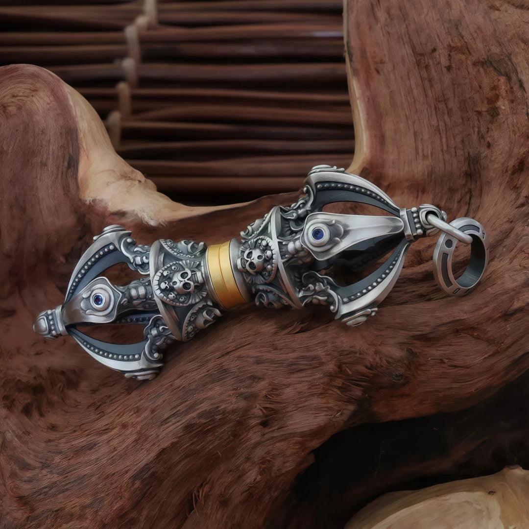 Sacred Five-Pronged Vajra pendant with beads, a powerful amulet for protection and spiritual awakening, reflecting Tibetan Buddhist Jewelry Culture