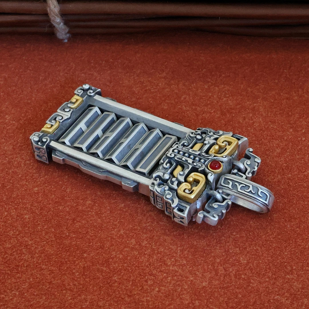 Sacred I Ching pendant with intricate carvings, symbolizing spiritual balance and harmony, part of Tibetan Buddhist Jewelry Culture
