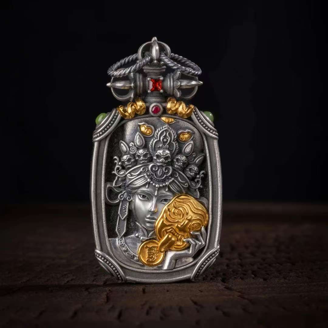 Sacred silver Ten Symbols pendant inspired by Tibetan Buddhist jewelry culture, crafted as protective jewelry art.