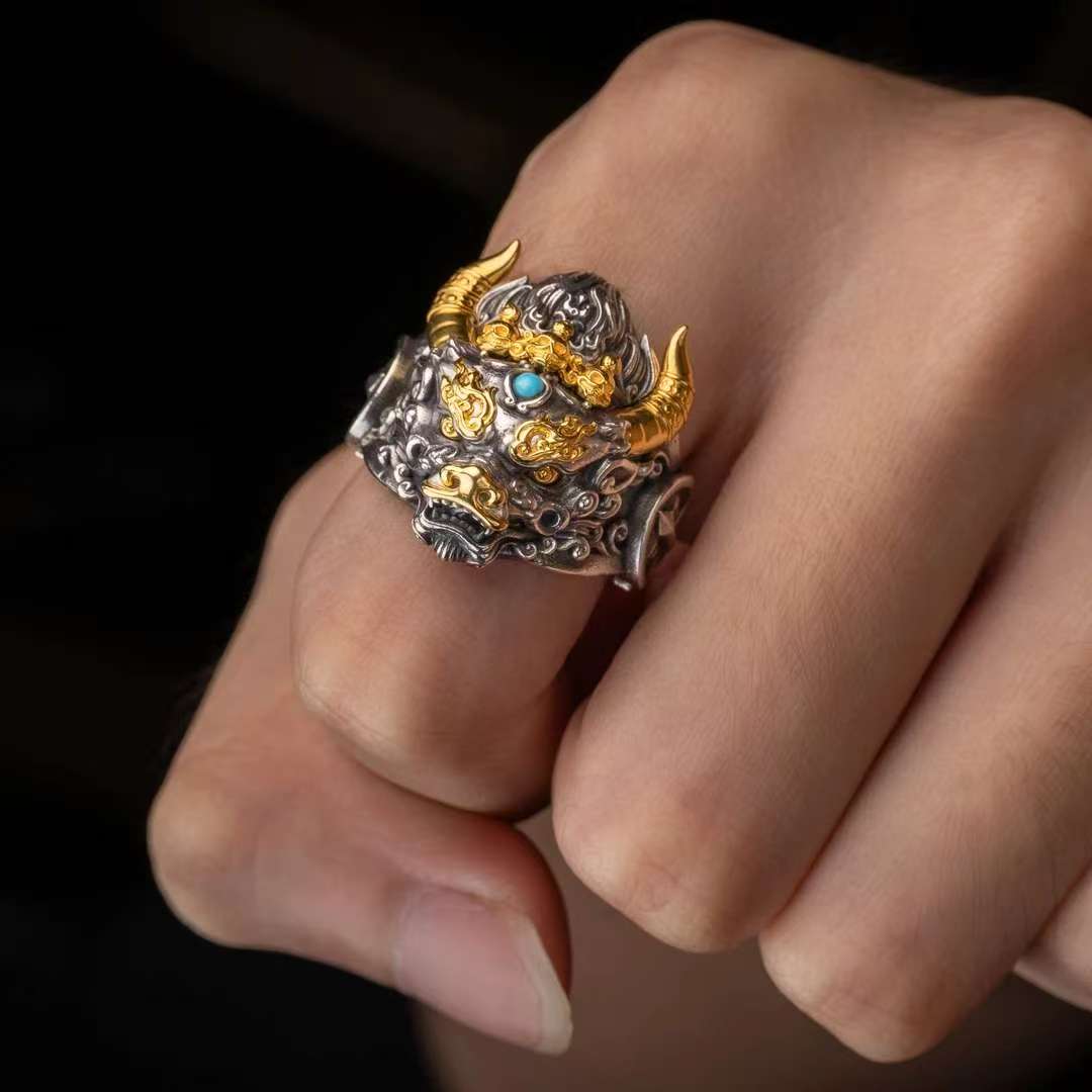 Sacred Yamantaka ring from Tibetan Buddhist jewelry culture, powerful 925 silver Buddhist jewelry art.