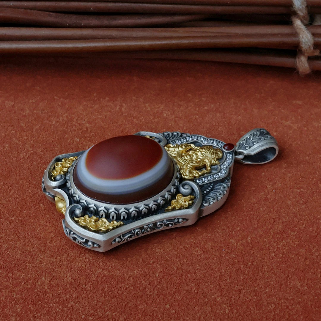 Intricate Goddess Zaki Lam pendant with Sheep Eye beads, representing the harmony between material and spiritual wealth in Tibetan Buddhist Jewelry