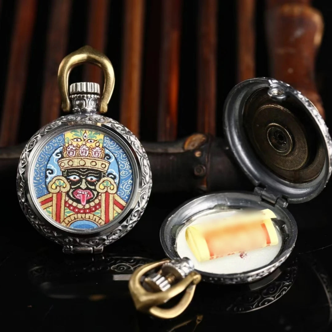 Handcrafted Zaki Lam Yellow Wealth Buddha Thangka pendant with necklace, combining Tibetan artistry and spiritual protection