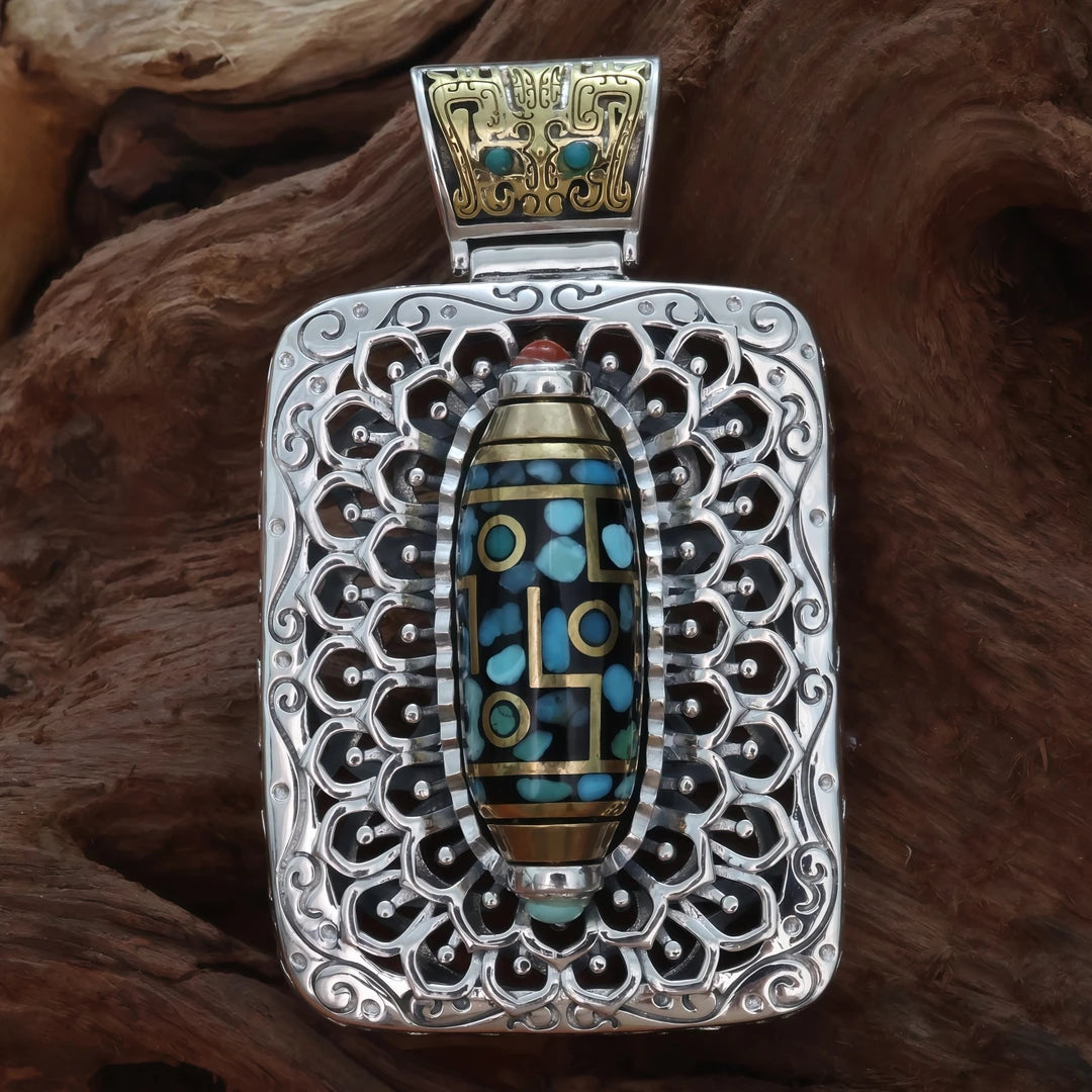 Handmade silver Buddhist amulet pendant inspired by Tibetan Buddhist jewelry culture and traditional jewelry art.