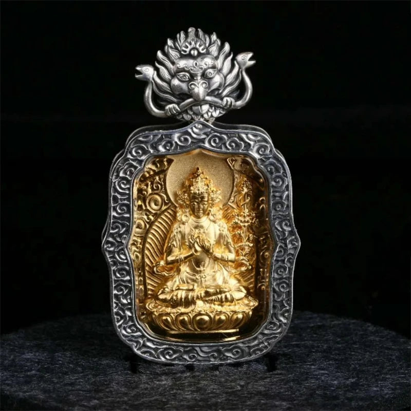 Sacred silver Yellow Jambhala necklace pendant, Tibetan Buddhist jewelry culture jewelry art for fortune and stability.