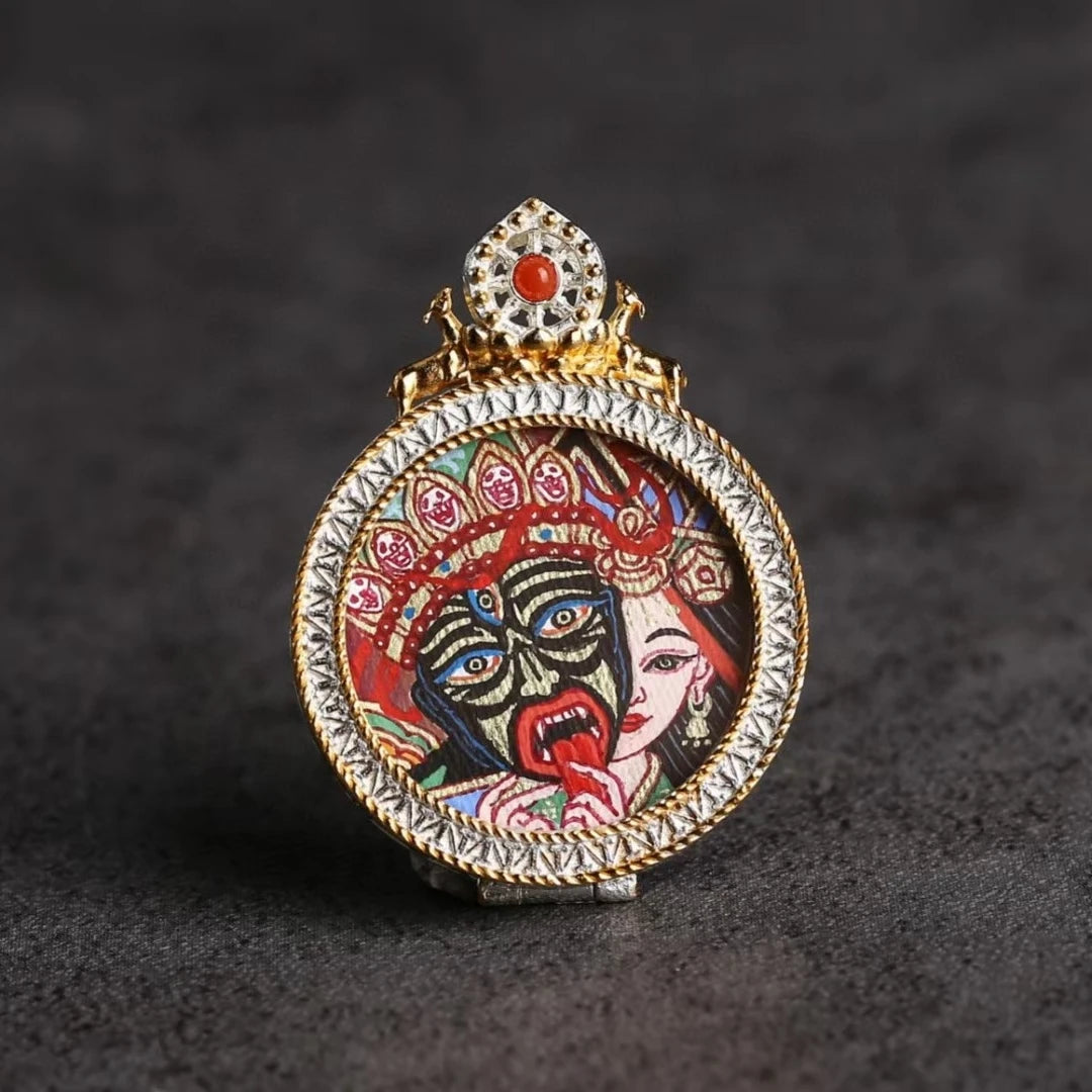 Sacred Zaki Lam Buddhist pendant crafted in silver, inspired by Tibetan Buddhist jewelry culture and faith.