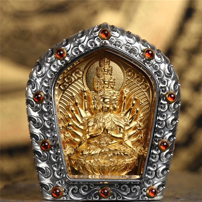 Sacred silver guardian Buddha pendant representing Tibetan Buddhist jewelry culture and inner protection.