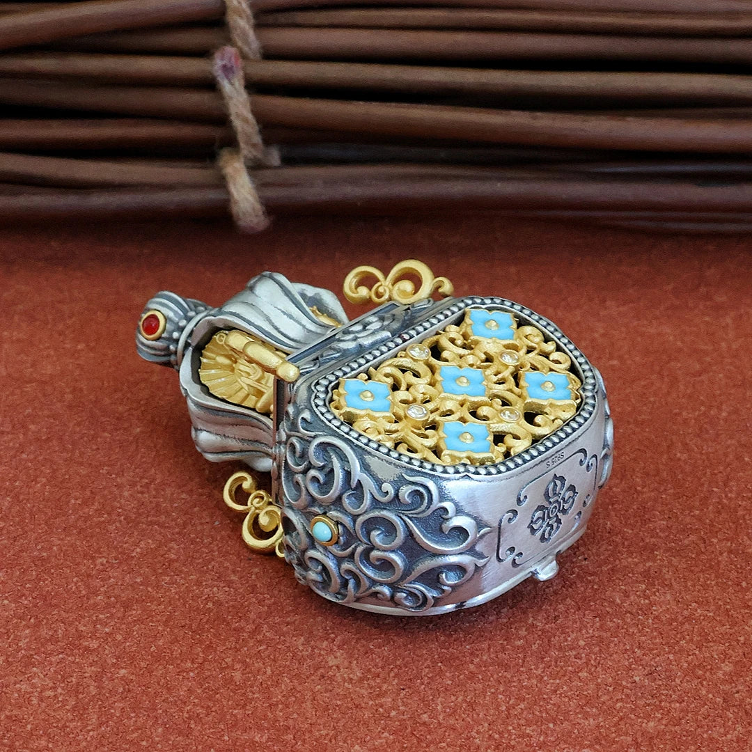 Artistic Four Great Bodhisattvas gourd pendant necklace with incense holder, perfect for Tibetan Buddhist practices