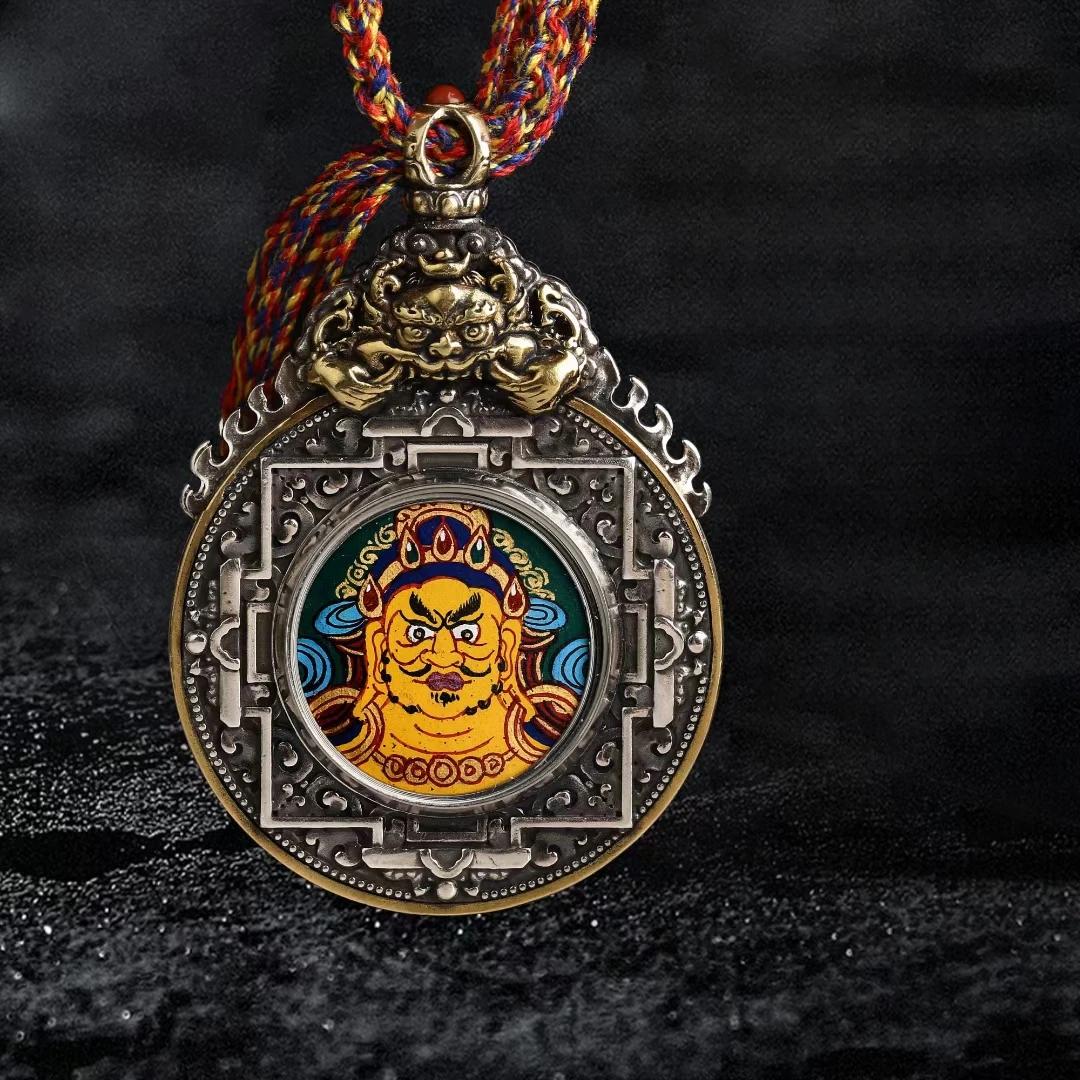 Spiritual Hotong Thangka pendant necklace, intricately hand-painted with Tibetan Buddhist symbolism and craftsmanship
