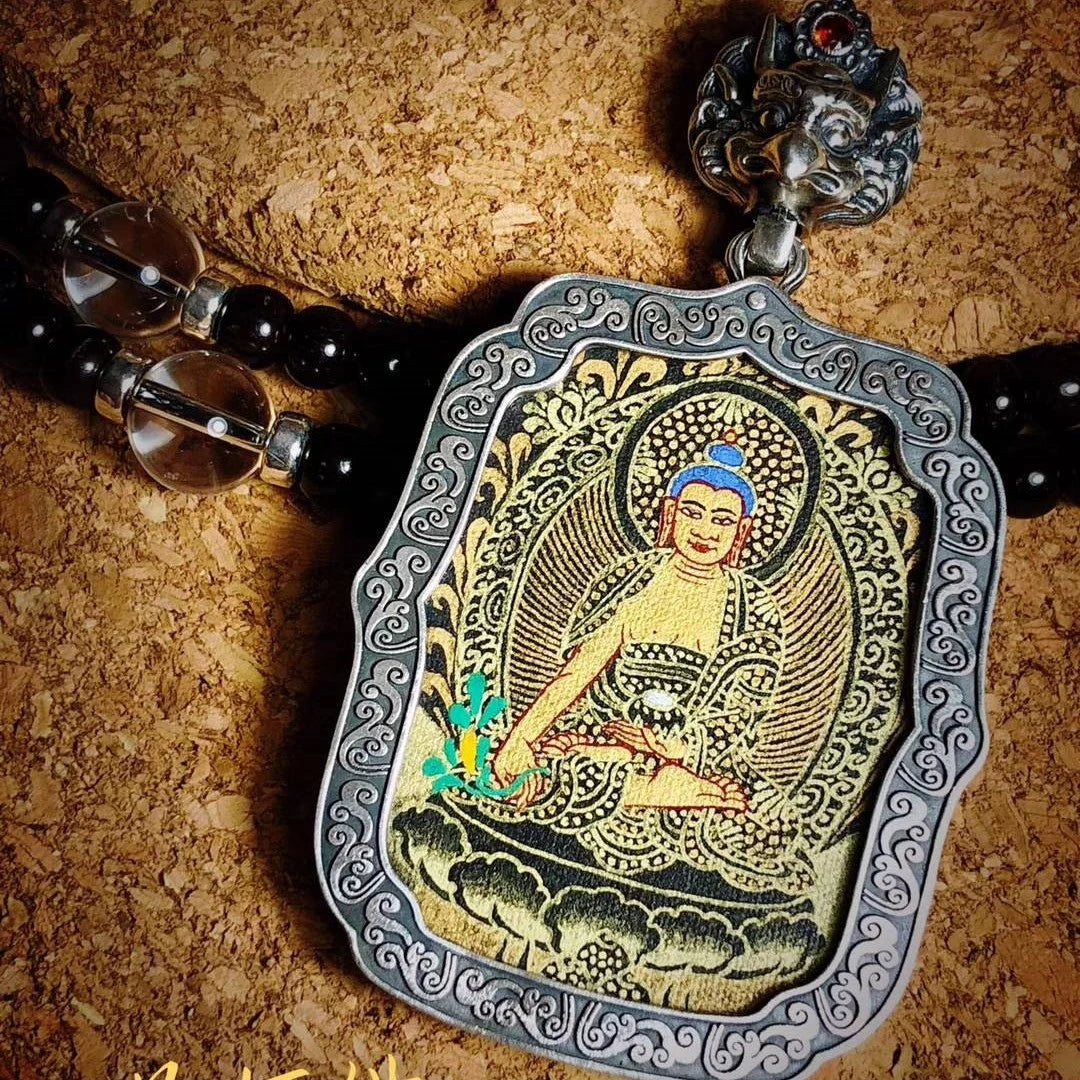 Spiritual Thangka Guardian pendant necklace, hand-painted to bring protection and wisdom to the wearer