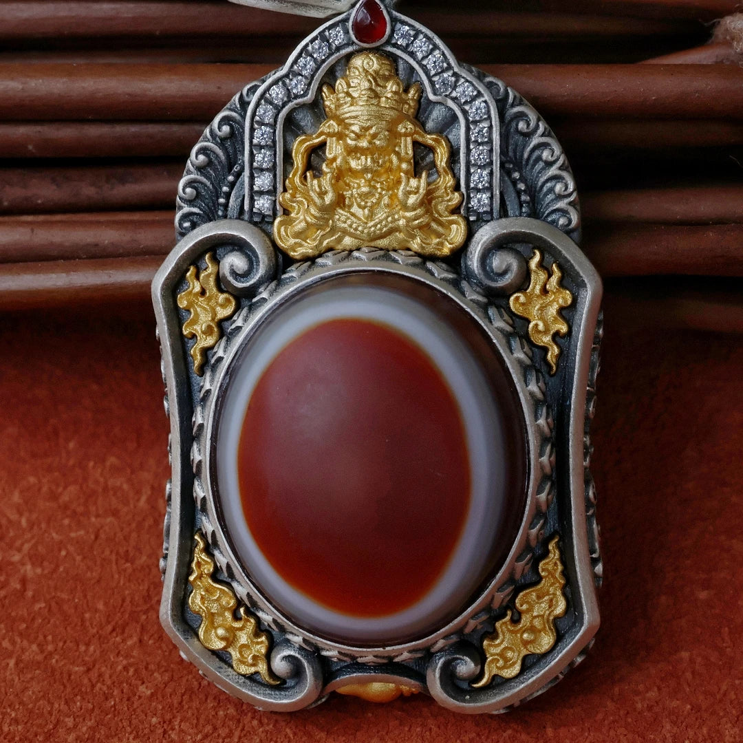Spiritual Zaki Lam Goddess pendant with Sheep Eye beads, hand-carved to protect and empower, inspired by Tibetan Buddhist Jewelry art