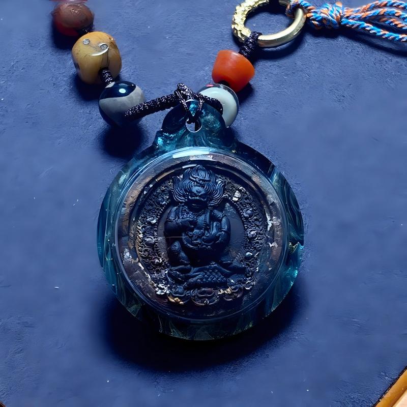 Tibetan Buddhist Jewelry Culture handmade Tibetan Black Jambhala Gawu box necklace featuring Tsa Tsa, traditional jewelry art amulet