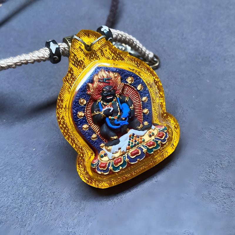 Tibetan Buddhist Jewelry Culture handmade Tibetan Black Jambhala Tsa Tsa necklace pendant, handpainted mineral pigment, Tibetan jewelry art pendant