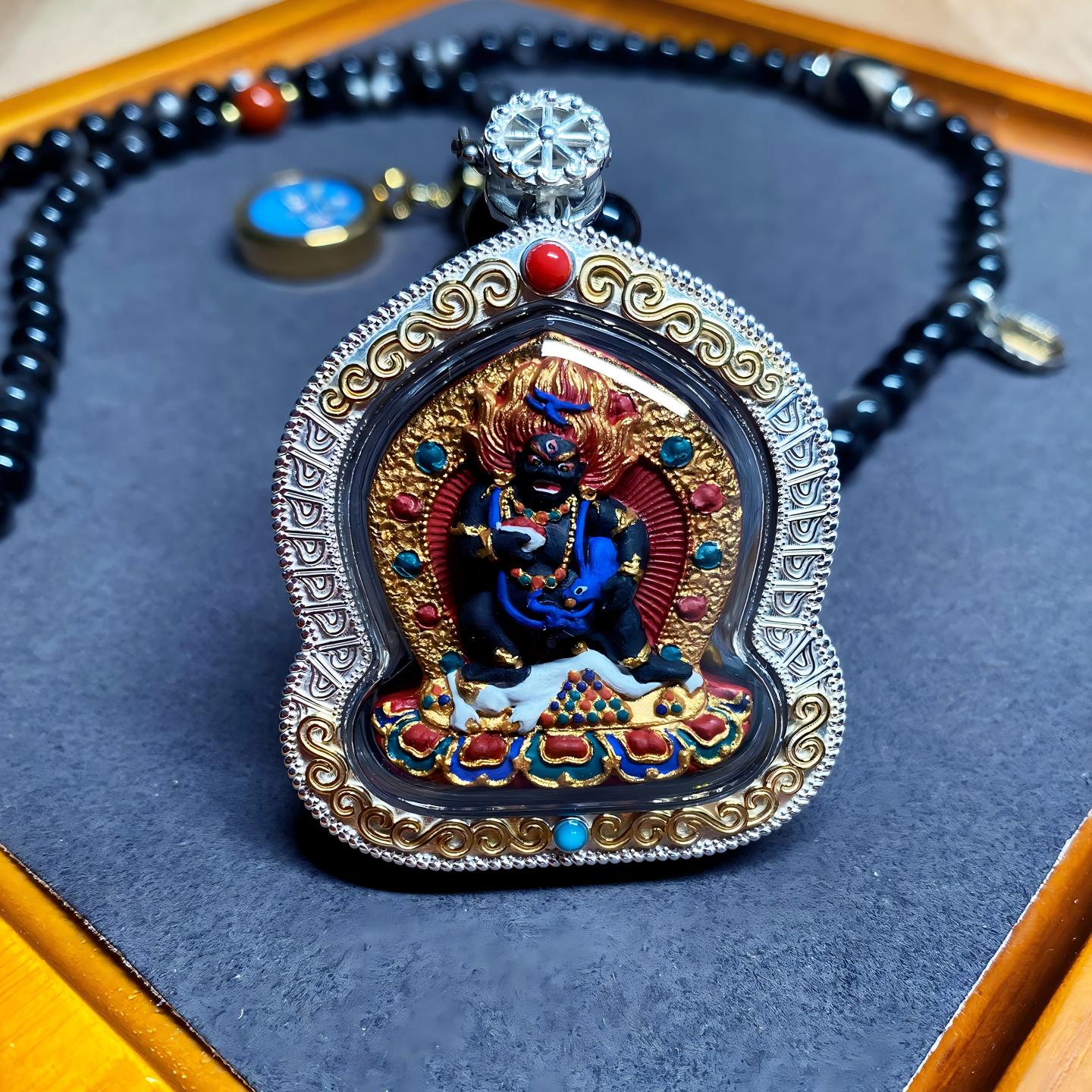 Tibetan Buddhist Jewelry Culture handmade Tibetan Black Jambhala silver Gawu box Tsa Tsa necklace pendant, handpainted mineral pigment, Tibetan jewelry art