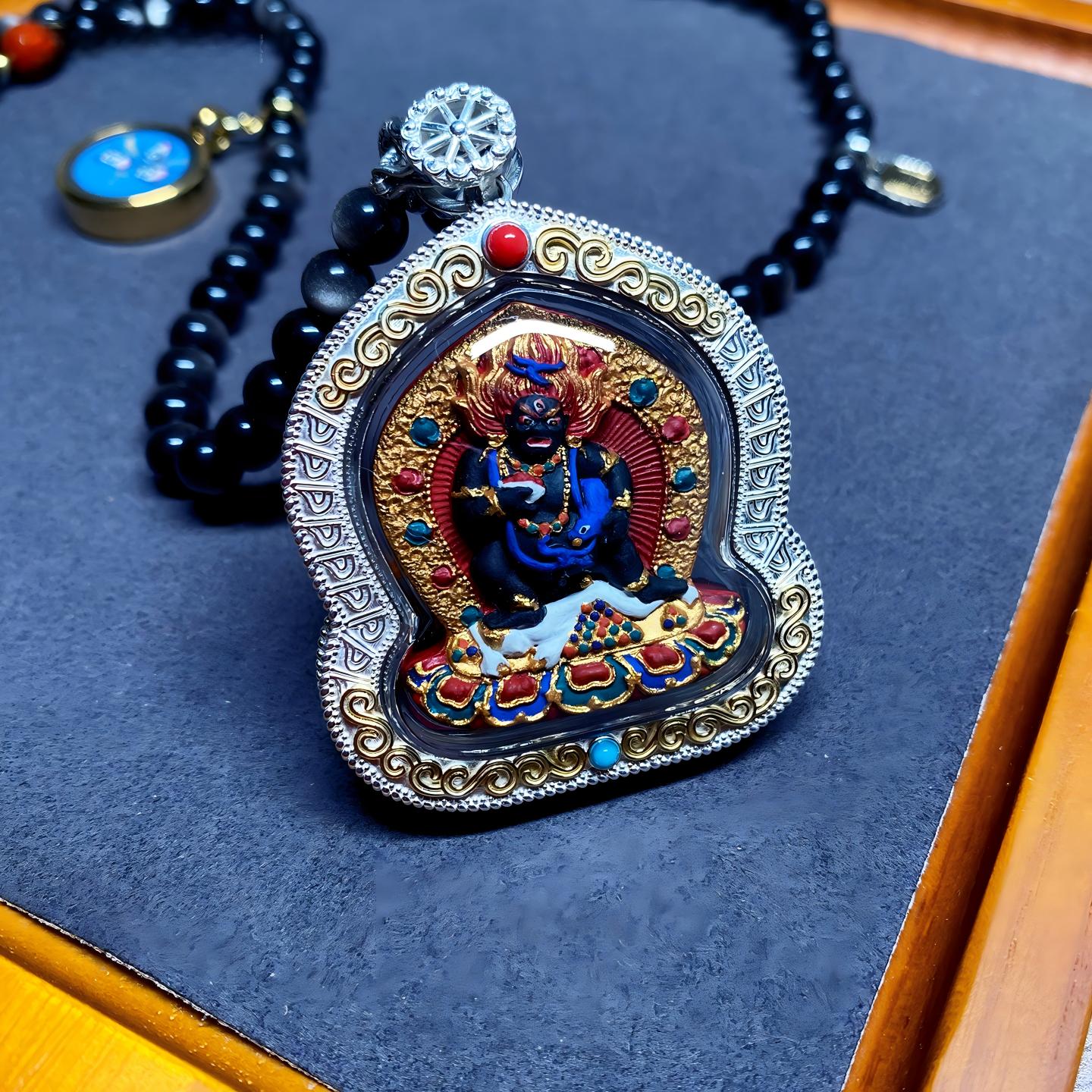 Tibetan Buddhist Jewelry Culture Tibetan Buddhist Black Jambhala multicolor Tsa Tsa silver Gawu amulet pendant, handcrafted mineral pigment jewelry art necklace