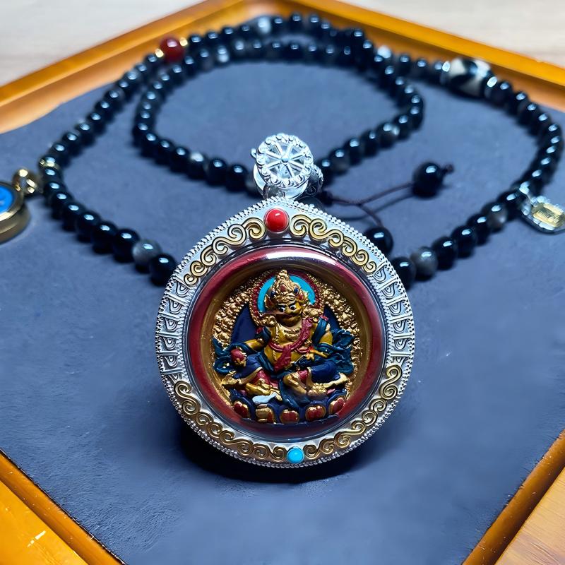 Tibetan Buddhist Jewelry Culture handmade double-faced Yellow Black Jambhala silver Gawu box necklace pendant, handpainted mineral pigments, Tibetan Jewelry art