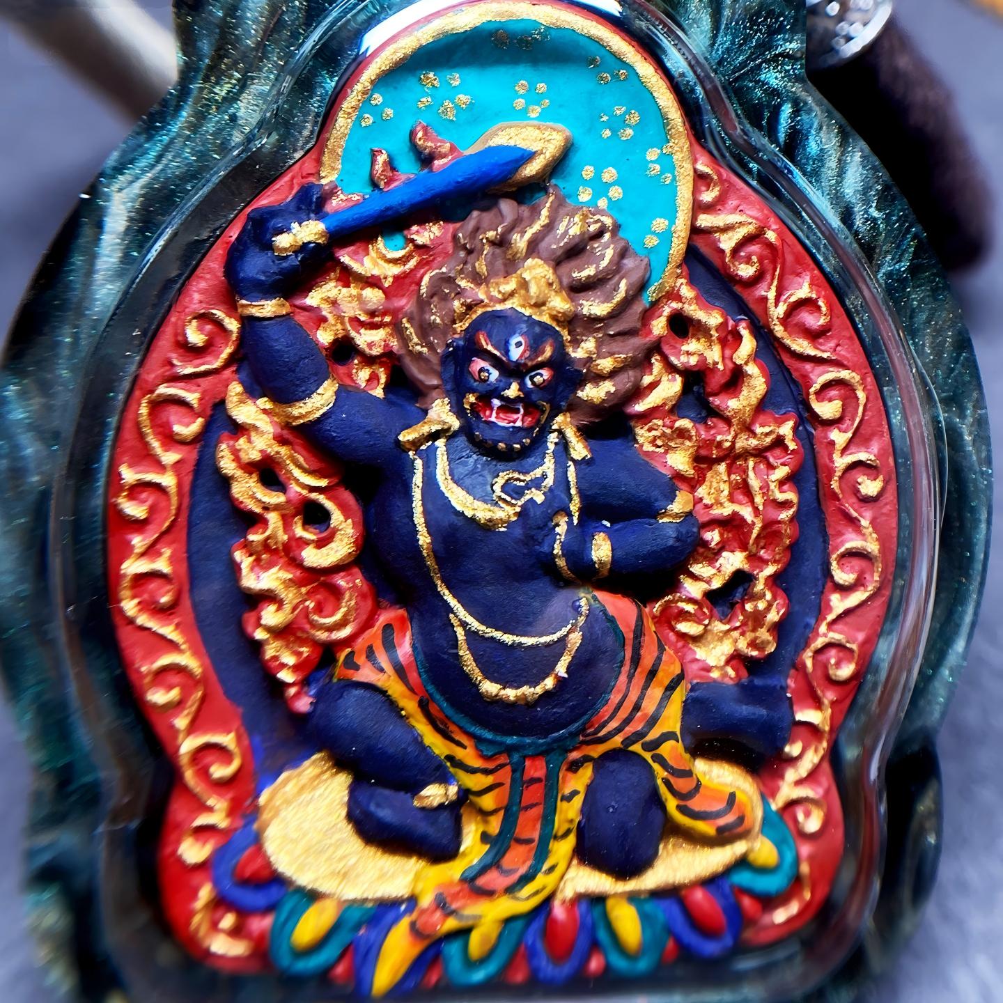 Tibetan Buddhist Jewelry Culture handmade Tibetan Fudo Myoo Gawu box necklace featuring handpainted mineral pigment Tsa Tsa, Tibetan jewelry art pendant