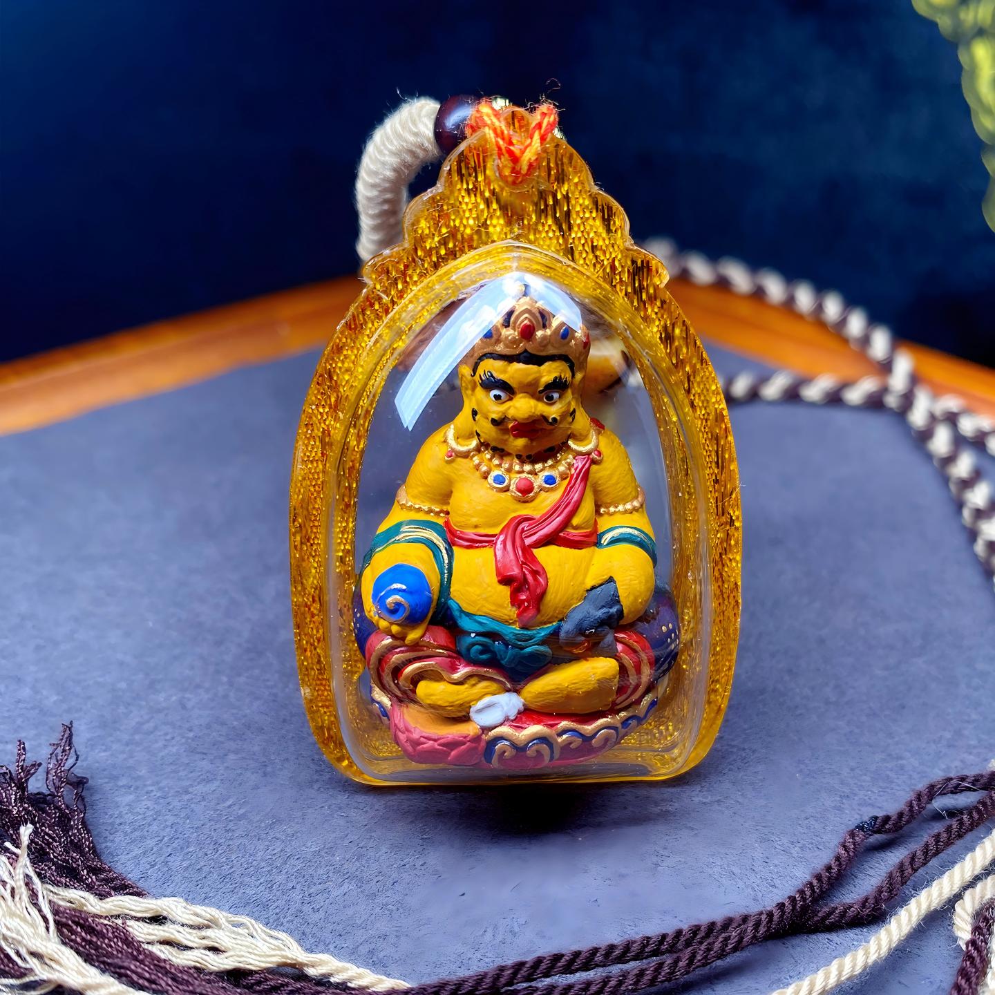Tibetan Buddhist Jewelry Culture Tibetan Yellow Jambhala Thangka pendant, handpainted with mineral pigments, Jewelry art necklace for prosperity and protection