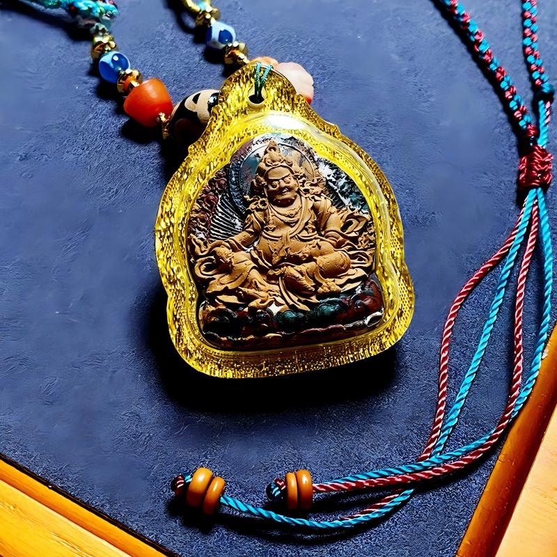 Tibetan Buddhist Jewelry Culture Yellow Jambhala small Thangka Gawu necklace pendant, handmade Tibetan Buddhist jewelry art for wealth and protection