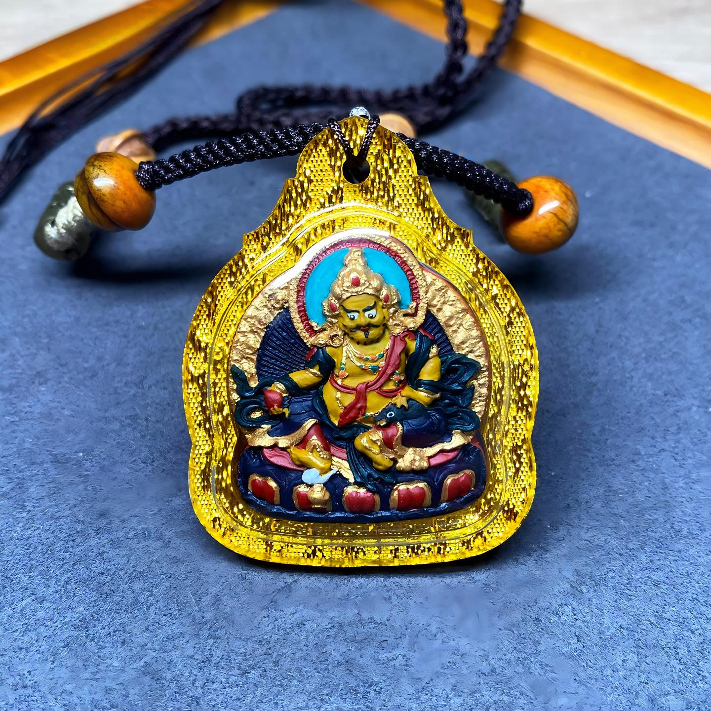 Tibetan Buddhist Jewelry Culture Tibetan Yellow Jambhala Thangka pendant, handpainted with mineral pigments, Jewelry art necklace for prosperity